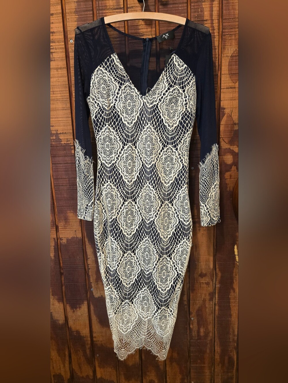 NWT AX Paris Navy Cream Lace Bodycon Midi Dress Mesh Sleeve US 4